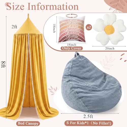 Image of 5 Pcs Kids Reading Corner Set Reading Nook Bean Bag Chair Cover with Canopy Tent, Throw Pillow Cover (No Filler) and Flower Pillow for Bedroom Playroom Nursery Corner Decoration(Yellow)