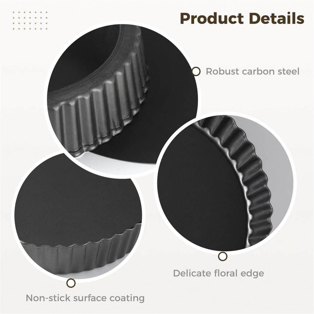 Fluted Round Tart Quiche Pie Pans, 2 Packs Non-Stick Tart Pans with Removable Bottom, 11'' Pie Tins Baking Dish Accessories Carbon Steel
