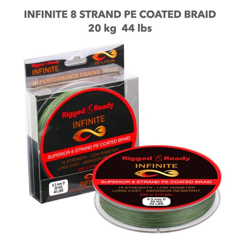 Rigged and Ready Infinite Hi-performance Fishing Braid-44lb 20kg PE Coated Line-200m. Braided 8 Strand Low Diameter No Stretch Long Cast Abrasion Resistant Fast Sink. River Lake Sea Fishing - Image 2