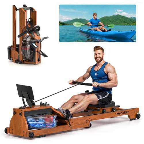 Wenoker Rudergerät Wasser für Zuhause aus Massivholz, Rudergerät klappbar mit Bluetooth Display,...