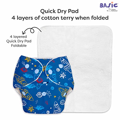 Image of Superbottoms 2 Basic Reusable Cloth Diaper With New Quick Dry Ultrathin Pads-Pack Of 4|Freesize,Washable Diapers For Baby 0-3 Yrs|Stay Dry&Lasts Up To 3Hrs - Assorted