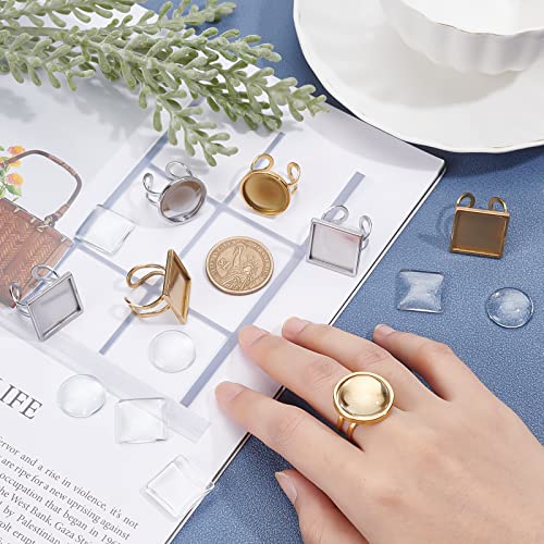 UNICRAFTALE 8 Sets 2 Colors 304 Stainless Steel Cuff Pad Ring Settings Square & Flat Round Tray Cuff Finger Rings Stainless Steel Bezel Rings with Transparent Glass Cabochons for DIY Ring Jewelry - Image 2