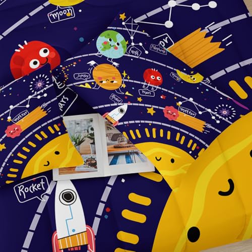 Image of Cartoon Outer Space Theme Comforter Set Queen for Kids,Boys Queen Size Bedding Set Galaxy,Galaxy Quilt Queen Size,with 1 Comforter with 2 Pillow Case