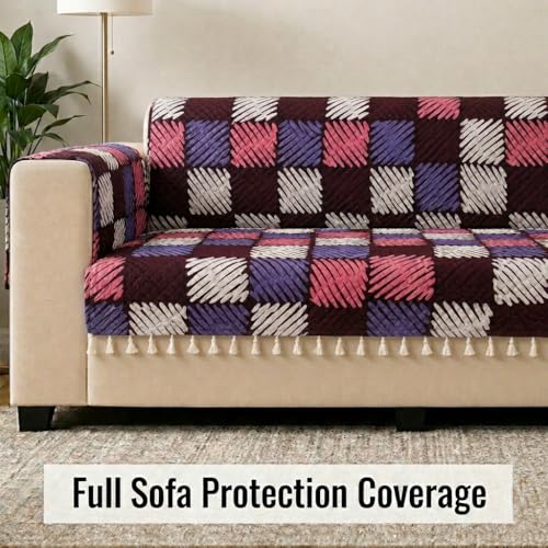 Image of STITCHNEST 'Frostvine Collection' 1 Seater Sofa Cover | Full Coverage with Armrest Pockets | Cotton Quilted Fabric, Decorative Tassels, Washable & Durable for Modern Living