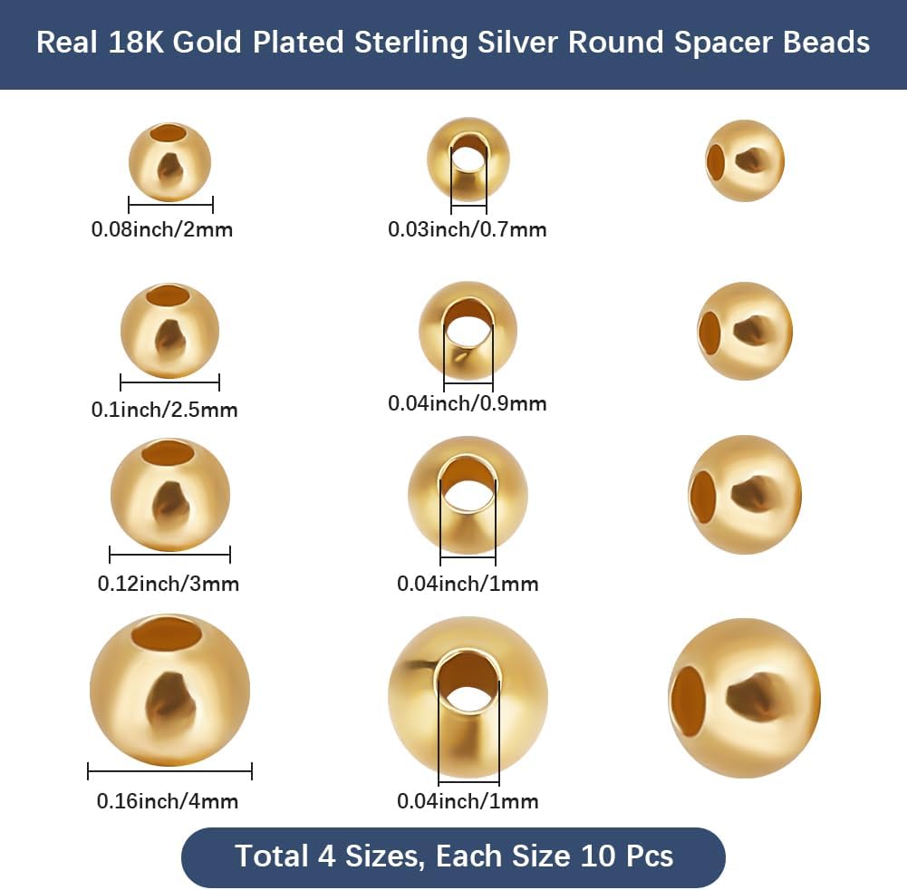 Beebeecraft 1 Box 40Pcs Gold Smooth Round Spacer Beads 18K Gold Plated 925 Sterling Silver Tarnish Resistant Seamless Loose Beads for DIY Bracelet Jewelry Making (2/2.5/3/4mm)