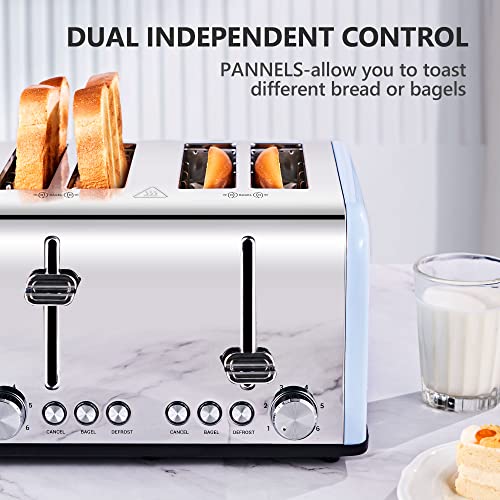 Toaster 4 Slice, Redmond Stainless Steel 4 Slice Toaster Wide Slots With Bagel Defrost Cancel Function, 6 Bread Shade Settings, 1650W, Mirror Stainless Steel Blue #TOP2