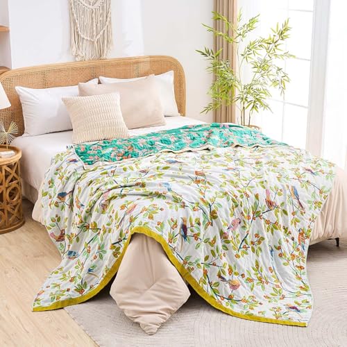 Image of XIBLC Boho Throw Blanket for Bed, 100% Cotton Soft Rustic Quilt Fall Blanket, 90 inchx98 inch Floral Printed Farmhouse Decor Bed Blankets, All Season Rustic Reversible Bohemian Throw Quilt