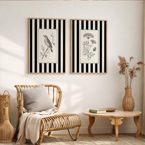 Image of Vintage Black White Wall Art Frames for Living Room Bedroom - Minimalist Botanical & Bird Stripe Wall Painting Set | Modern Aesthetic Monochrome Home Wall Decor with Wooden Frame (Art 11, 10x13 Inches)