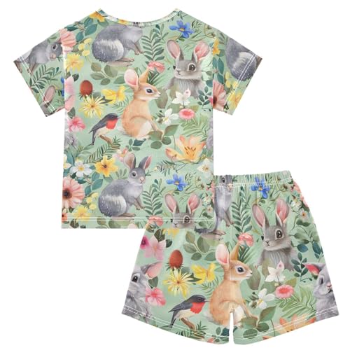 ALAZA Animal Bird Rabbit Blossom Pajamas Short Sleeve 2 Piece Sleepwear Top and Bottom Pajama Set Unisex2