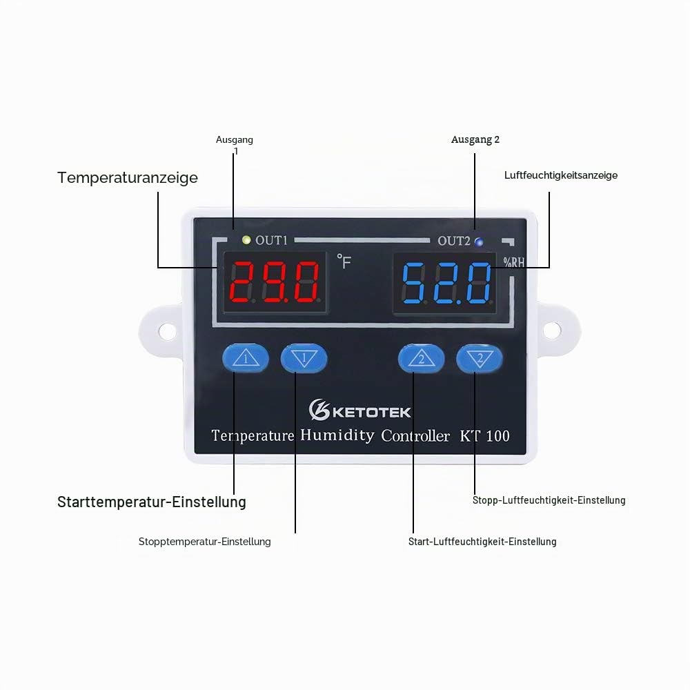 KETOTEK Digitaler Temperatur Feuchtigkeit Regler 230V Temperaturschalter mit fühler, Feuchtigkeitsregler Temperaturregler Luftfeuchtigkeitsregler 220V, Hygrostat Schalter Inkubator Pilz