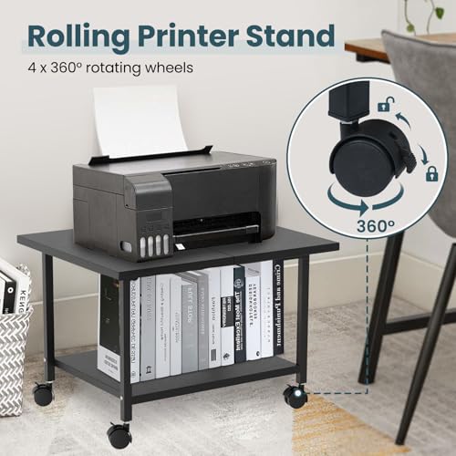 SwaaVee Printer Stand with Storage Under Desk Shelf, Desktop Printer Stand Organizer, Rolling Printer Cart Storage Paper Files Holder for Desk, Office, Home, (Black)