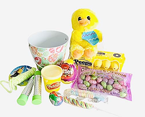 Metal Easter Basket For Boys and Girls Filled With Chocolate Cadbury Egg, Jump Rope, Play-Doh, Peeps, Candy Shark Bracelet, Swirl Sucker, Cookies & Cream Egg, Stuffed Animal, Skittles In An Egg