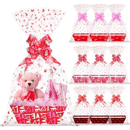 12 Set Valentines Day Empty Gifts Baskets Bulk with Cellophane Basket Bags and Bows Ribbons,Love Heart Market Tray Cardboard Gift Basket Empty to Fill for Valentine's Day Birthday Wedding Decor