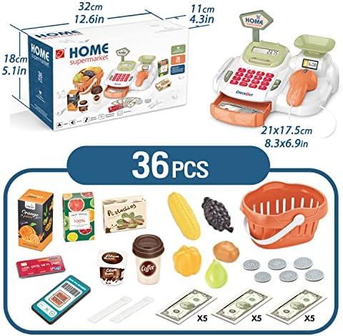 Pretend Play Calculator Cash Register Toy, 36 PCS Supermarket Shop Toys with Scanner, Play Food, Play Money for Kids, Grocery Store for Boys & Girls,Gifts for Ages 3 4 5 6 (Green) 2 51CUAvfKIgL. AC