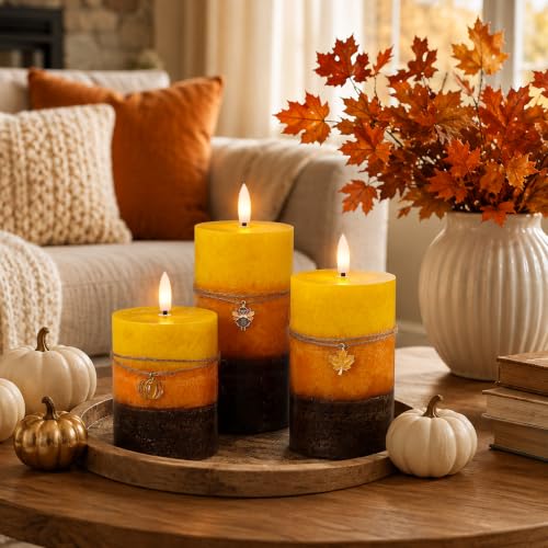 Image of Fall Flameless Candles with Remote, 3 Pack Orange Thanksgiving LED Candles