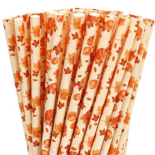 Whaline 200 Pcs Thanksgiving Fall Paper Straws Watercolor Pumpkin Maple Leaf Disposable Straws Orange Yellow Decorative Drinking Straw for Autumn Harvest Party Decorations