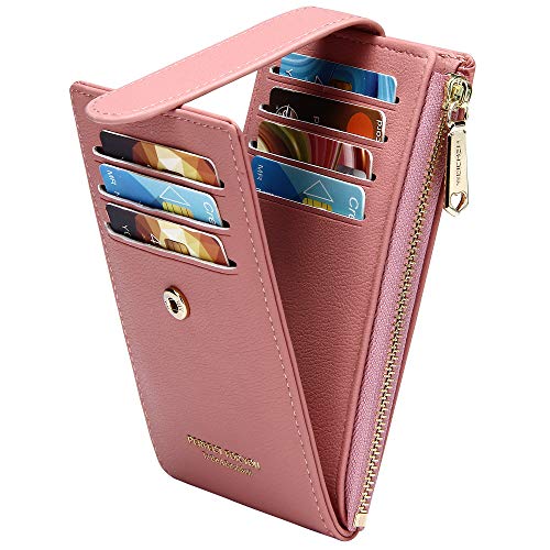 Image of Badiya Slim Women Wallet RFID Blocking Bifold Compact 9 Card Slots Holder Wallets Soft Leather with Zipper Coin Pocket 2 ID Window