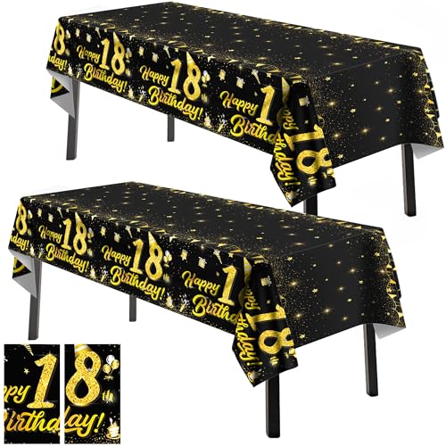 Kochorie 2 Pack Black Gold 18th Happy Birthday Tablecloth 108 x 54 Inch Plastic Table Cover Rectangular Waterproof Table Cloth for Birthday Theme Party Supplies