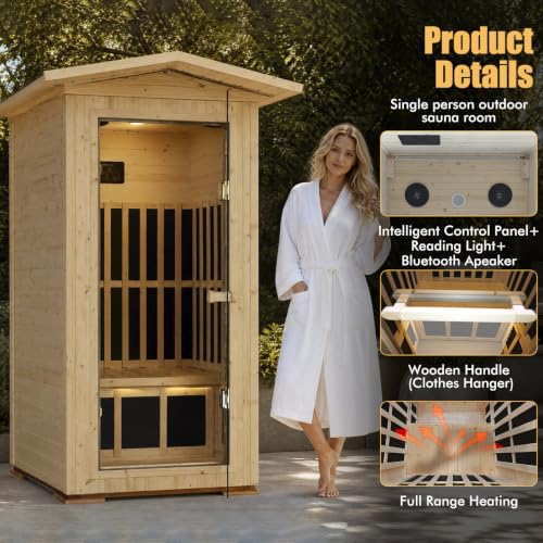 Image of OUTEXER Outdoor Sauna Wooden Far Infrared Saunas Spa 1550W Low-EMF Dry Sauna Room for One Person Finland Spruce Wood