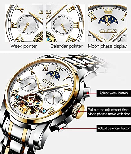 Olevs Mens Automatic Watches Skeleton Tourbillon Mechanical Self Winding Luxury Dress Wrist Watch Moon Phase Day Date Waterproof Luminous Watch Gifts #TOP4