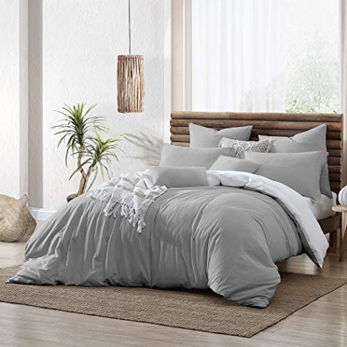 Swift Home Valatie 100% Cotton Garment Washed & Dyed Reversible Duvet Cover Bedding Set, Breathable & Naturally Wrinkled - Silver White, Full Queen (90” x 90”) – Comforter Not Included