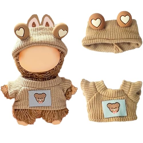 10cm Pin for Love Doll Clothes Set - Mini Knitted Sweater & Ear Hat Outfit, Ropa Clothing & Accessories Designer for 4 Inch 4.0 Series Plush Doll Dress-UP and Display(Brown)