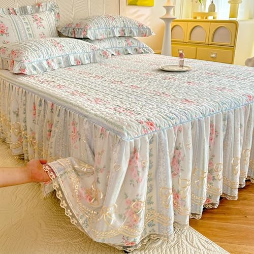 Daesar Sábana Bajera y Protector,Patrón de Flores y Hojas con Encaje Bordado Algodón Sabanas Bajeras Cama Azul Claro Verde,150 x 200 CM