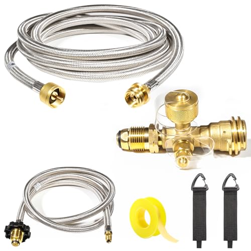 Detoypapa Extend a Stay RV Propane Kit, Propane Brass Tee 4 Port with 12 FT and 5 FT Stainless Steel Hoses for Motorhomes, Connecting Auxiliary Propane Bottles and Appliances