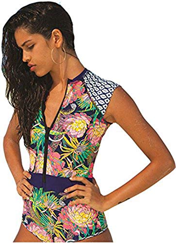 NABAWAN Women Zip Front Floral Print Half Sleeve One Piece Swimsuit Rash Guard Swimwear High Neck Monokini Surfing M Black Print