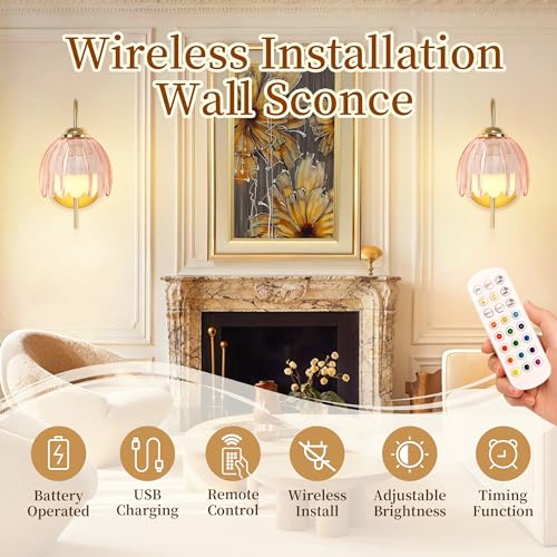 Image of Vintage Battery Wall Sconce with Flower lampshade,Rechargeable Battery Powered Wall Lights,Wall lamp with 15 Colors for Bedroom Living Room Home Decor (Pink Tulip, 2 Light Battery Operated)