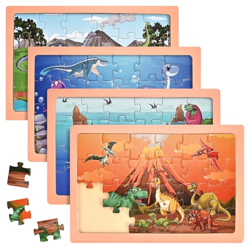 Wooderma Kinderpuzzle Dinosaurier, Dino Puzzle für Kinder ab 3 4 5 6 Jahre, Tier Holzpuzzle mit 4x24 Teilen, Montessori-Spielzeug, Lehrreiches Vorschulspielzeug, Geschenke für Jungen Mädchen