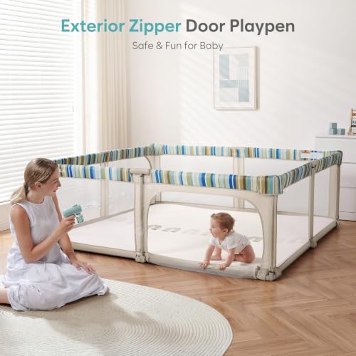 Image of Baby Playpen Portable, Pre-Assembled Play Pen 59x59 Large Foldable Playpen for Babies and Toddlers, Sturdy and Safe Toddler Play Yard Indoor Outdoor with Carry Bag, Light Khaki-Stripe