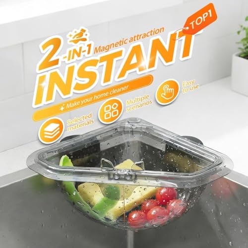 Magnetischer Dreieck Abflusskorb für Küchenspüle, Ohne Bohren, Spülbecken Ecksieb mit Drehverschluss, Multifunktionaler Abtropf- & Filterkorb für Lebensmittelreste, Obst & Schwamm, Platzsparend (A)