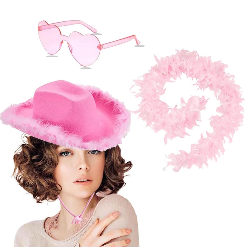Sombrero de Vaquero, Sombrero de Vaquero para Mujer,con Boa de Plumas y Gafas de Sol de Corazón, Para Despedida de Soltera, Fiesta de Disfraces, Disfraces de Juego