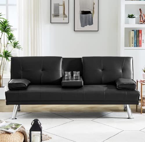 Awqm Faux Leather Futon Sofa Bed Upholstered Modern Convertible Sofa Bed Small Couch Bed Adjustable Couch Sleeper For Compact Living Space, Removable Armrests, Metal Legs, 2 Cupholders, Black #TOP2