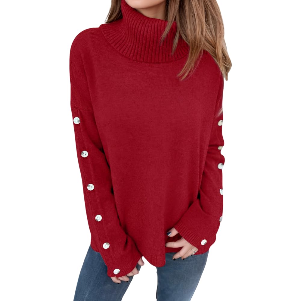 Womens Casual Turtleneck Buttons Long Sleeve Ribbed Knit Sweater Fall Winter Loose Solid Pullover Sweaters Tops 2025