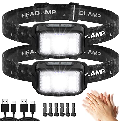Headlamp Rechargeable,2 Pack 2000 Lumen Ultra Bright Led Headlamp,16 Modes Motion Sensor Head Lamp,Waterproof Lightweight White Red LED Flashlight for Camping,Cycling,Running,Headlamps for Adults