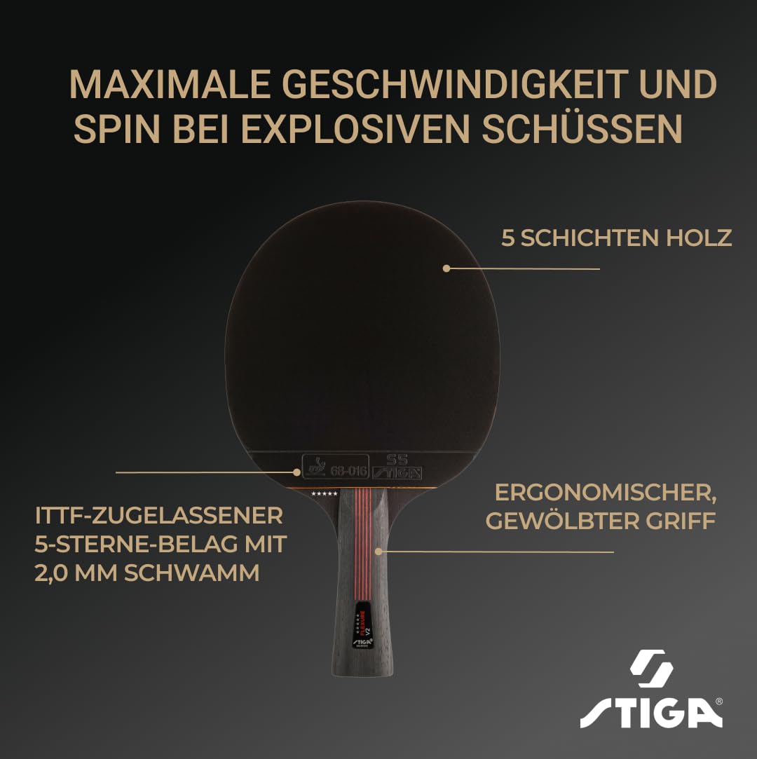 STIGA Flexure V2 Tischtennisschläger – 5 Sterne Tischtennisholz, ITTF-zugelassener STAR5-Belag, ergonomischer Griff – für Offensive Spieler, Schwarz