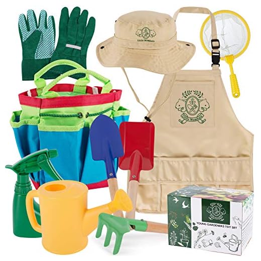 Little Wombats Kids Gardening Tools, 10 Piece Garden / Backyard Tools, Gloves, Apron, Rake, Hat, Shovel, Watering Can, Spray Bottle, Butterfly Net & Tote - Pretend Play for Boys & Girls Age 3-7