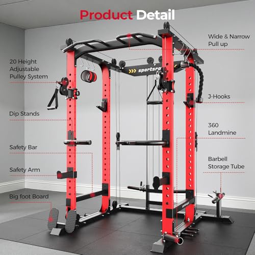 Image of SPORTSROYALS Power Rack, Multi-Functional Power Cage, Squat Rack with Pulley System & LAT Pull Down, Workout Cage with J Hooks for Home Gym