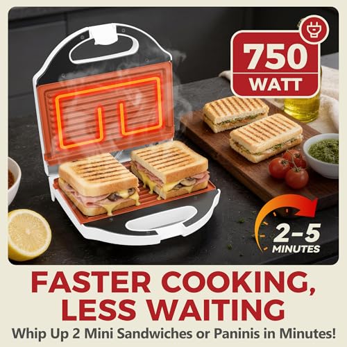 AshGlen Ceramic Mini Panini Press Grill Sandwich Maker, Mini Sandwich Press, Panini Maker, Sandwichera Electrica, Panini Grill, Toaster Press, Grill Burgers or 2 Slices Sandwiche at a Time, White