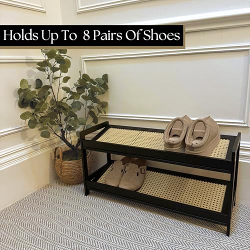 Posh Box RSR_2B 2 Tier Shoe Rack For Entryway, Bamboo Shoe Storage Shelves, Shoe Organizer With Sturdy Wood And Rattan Holds Up To 8 Pairs, Free Standing Luxury Shoe Rack thumb #4