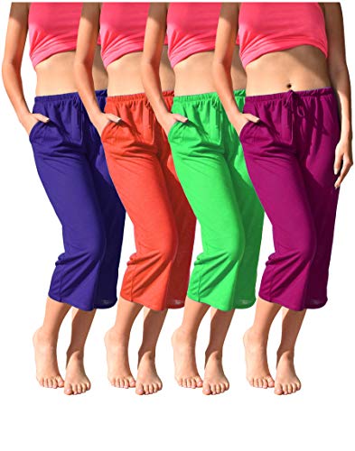 Women s 4 Pack Casual Active Relaxed Flowy Fit Capri Semi Sheer Cropped Bermuda Short Pants (4 Pack - Neon- Green Purple Red Pink, Medium)