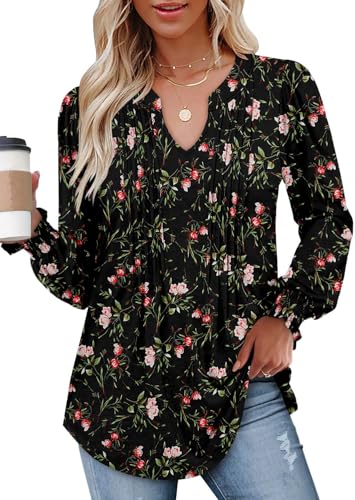 BETTE BOUTIK Long Sleeve Shirts for Women Fall Tops Dressy Blouses Pleated V Neck Tunic Tops for Leggings S-3XL