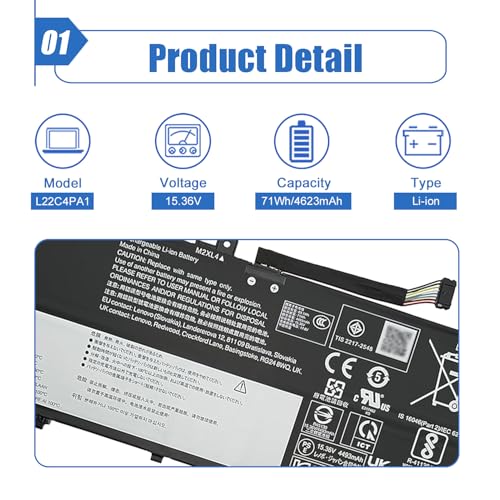 Image of L22C4PA1 Laptop Battery 71Wh Replacement for Lenovo Yoga 7 14IRL8 14ARP8 16IRL8 16ARP8 Yoga 7 2-in-1 14IML9 14AHP9 16IML9 16AHP9 Series L22D4PA1 SB11K38967 L22M4PA1 SB11K38964