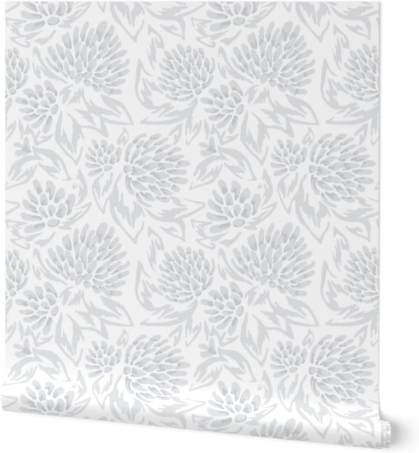 Removable Wallpaper 3ft x 2ft - Clover White Flower Leaves Floral Nature Grey Custom Pre-Pasted Wallpaper by Spoonflower