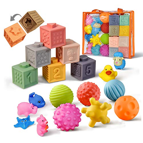 TOMMYHOME Sensory Balls Blocks & Animal Doll Set.20 Piece Activity Toy for Toddlers,Educational Baby Bath Toys Play with Numbers