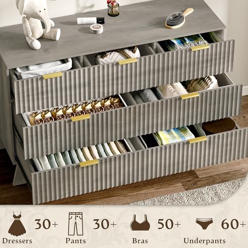 Image of HUANLEGO 48 inch W Fluted Dresser for Bedroom with 7 Drawers, Grey | Mid Century Modern Dressers & Chest of Drawers, Boho Dresser for Closet, 7 Drawer Storage TV Stand for Bedroom
