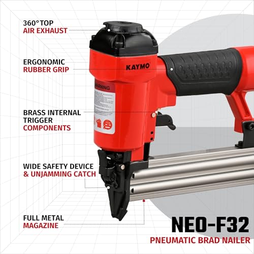 Image of Kaymo NEO-F32 Pneumatic Brad Nailer | 18 Gauge | 10mm-32mm Brads | 1.20 Kg Lightweight Tool | 360 Air Exhaust | Full Metal Trigger | Wide Safety Device | Compact Design | 60-95 PSI Air Pressure