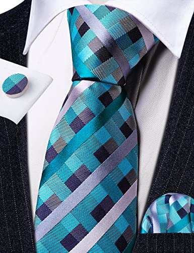 Image of Barry.Wang Plaid Ties Checkered Mens Silk Necktie Handkerchief Cufflinks